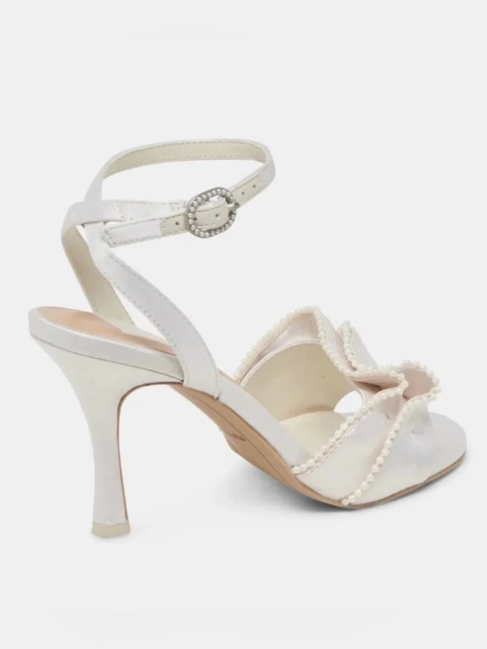 Dolce Vita Pearl-Trim Ivory Satin Ruffle Sandal (8.5)